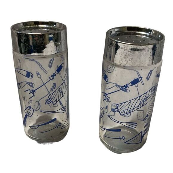 Vintage Kitchen Utensil Pattern Blue Lidded Glass Jars Shaker Spices - Picture 2 of 13